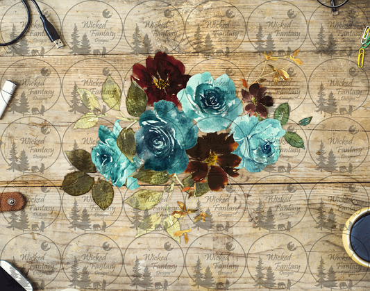 UVDTF Aqua Teal and Burgundy Flower Arrangement