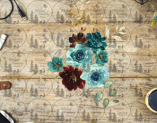UVDTF Aqua Teal Brown and Burgundy Flower Arrangement