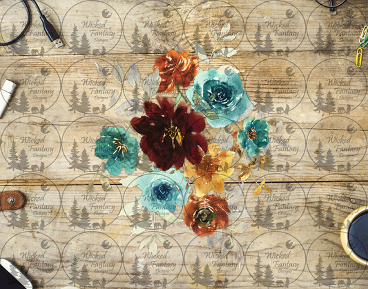 UVDTF Teal Orange Burgundy Watercolor Floral Arrangement