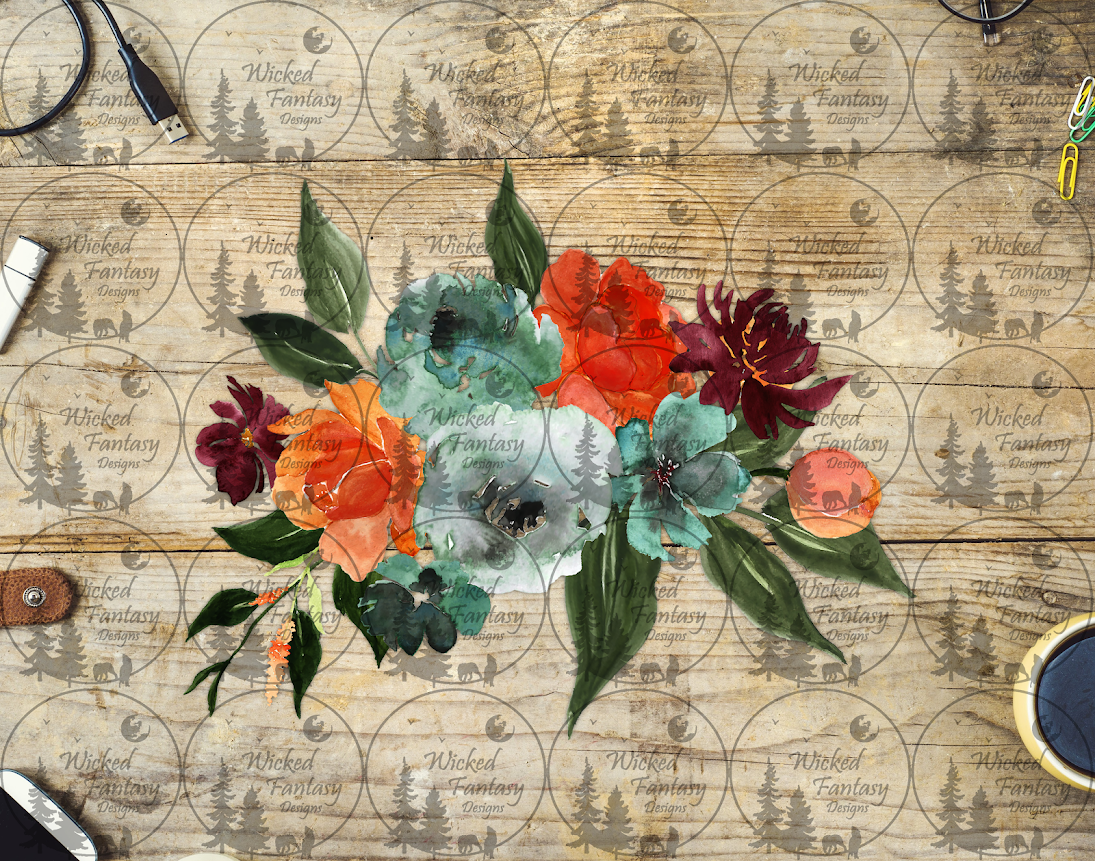 UVDTF Teal & Burnt Orange Floral Spray