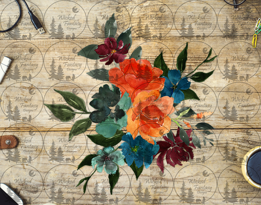 UVDTF Watercolor Blue Peach and Burgundy Flower Arrangement