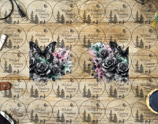 UVDTF Black and White Roses and Butterflies 16oz 40oz