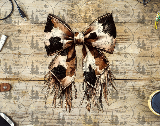 UVDTF Illustrated Cow Hide Bow With Feathers and Fringe