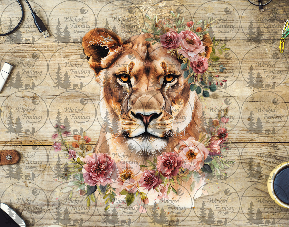 UVDTF Lioness with Dusty Pink Flower Arrangements