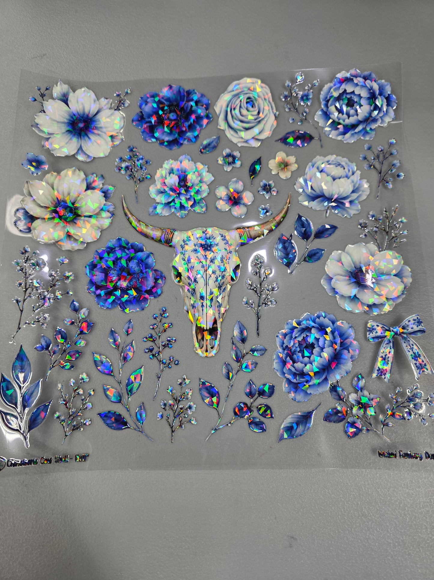 UVDTF Shattered Holographic Chinoiserie Cow Skull 11"x11"