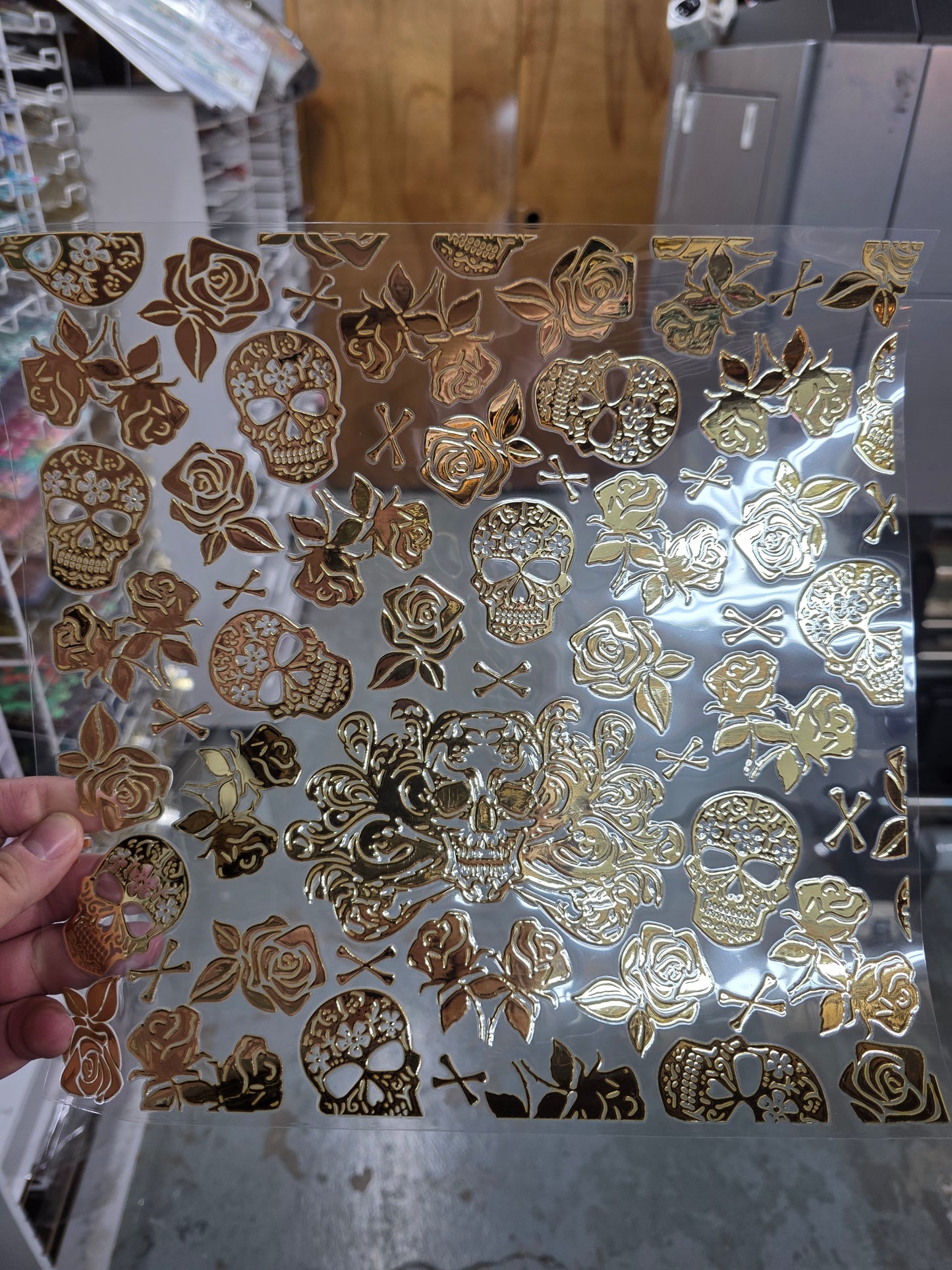 UVDTF Metallic Champagne Sugar Skulls and Roses 11"x11"