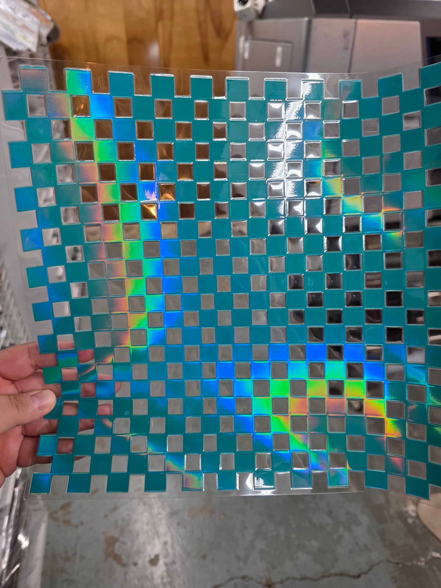 UVDTF Laser Holographic Teal Small Checkered 11"x11"