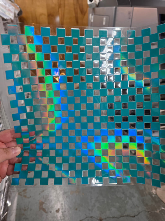 UVDTF Laser Holographic Teal Small Checkered 11"x11"