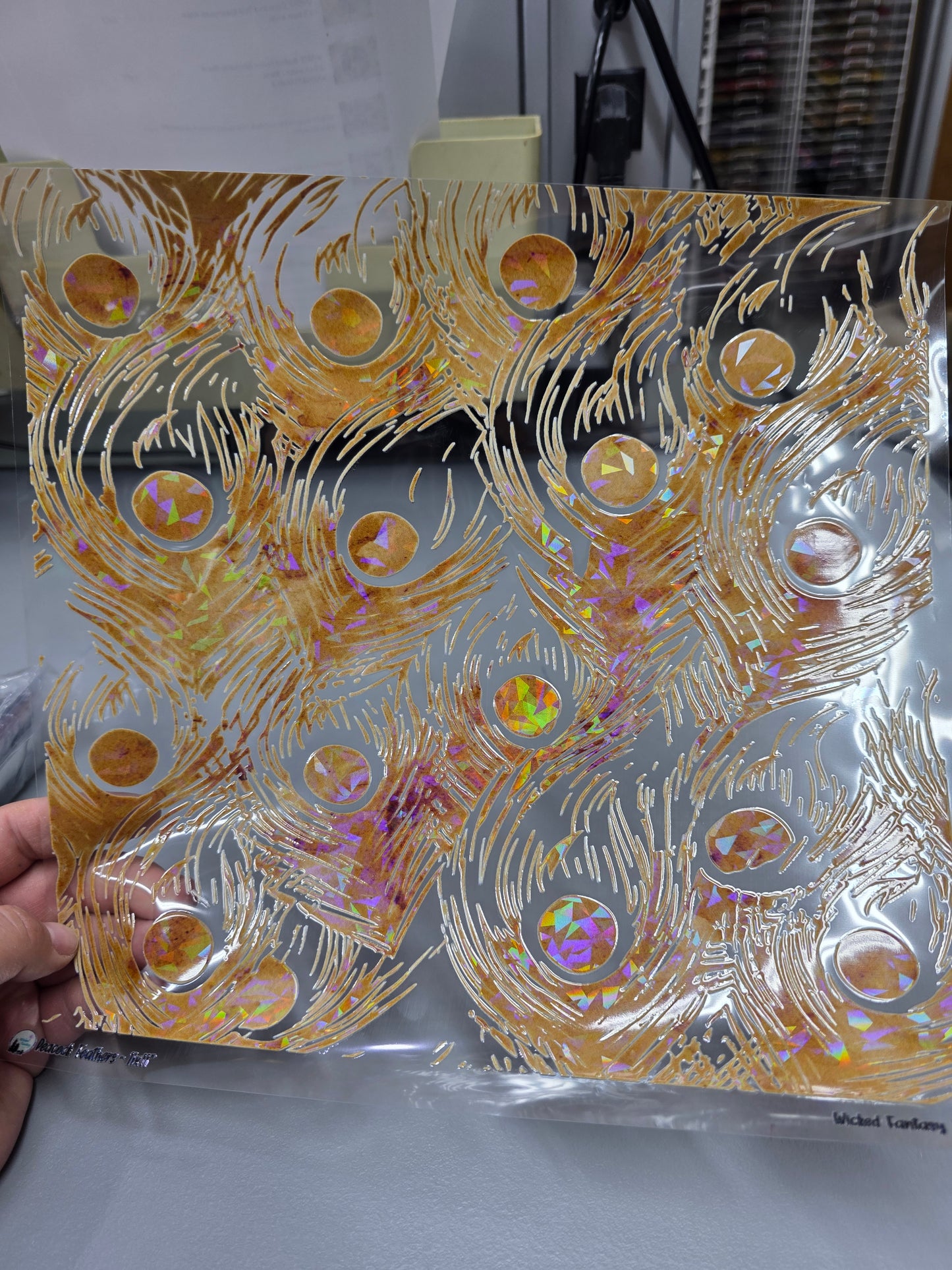 UVDTF Shattered Holographic Golden Peacock Feathers 11"x11"
