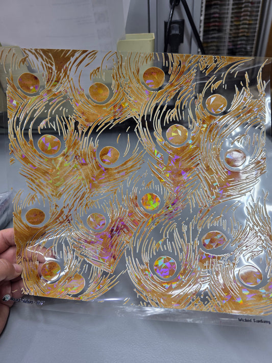 UVDTF Shattered Holographic Golden Peacock Feathers 11"x11"