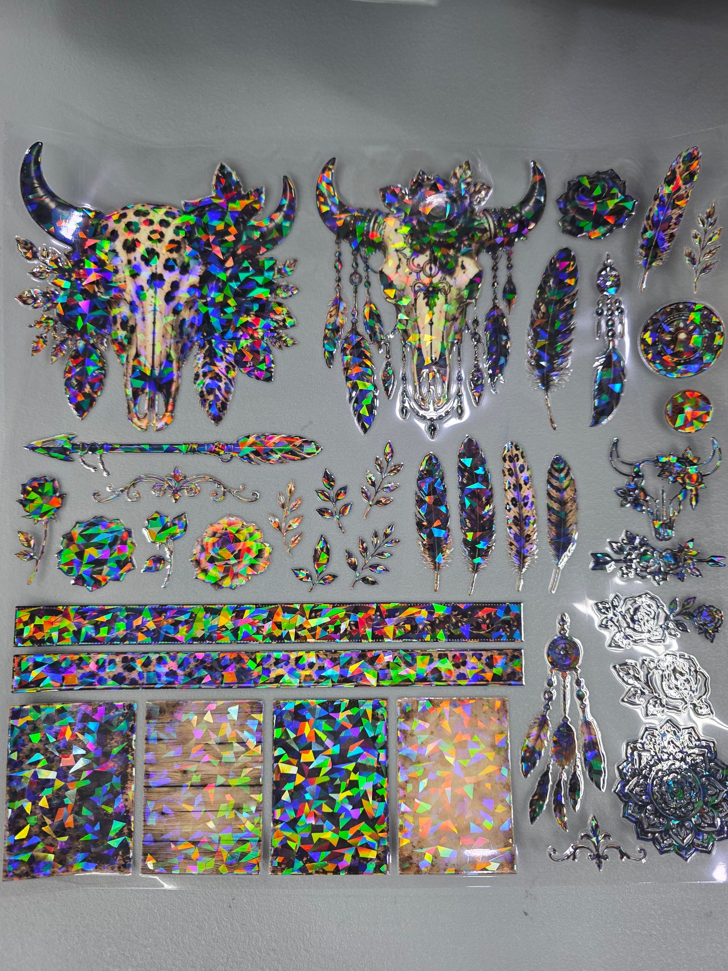 UVDTF Shattered Holographic Gold Leopard Luxe Cow Skulls 11"x11"