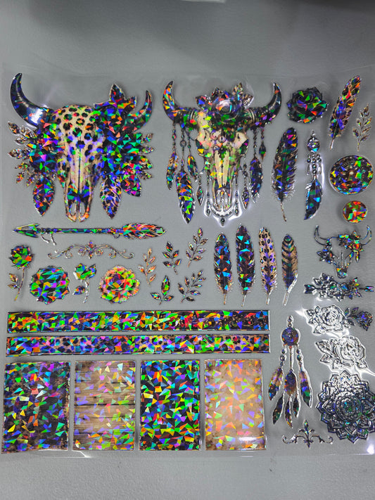 UVDTF Shattered Holographic Gold Leopard Luxe Cow Skulls 11"x11"