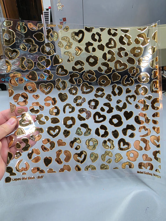 UVDTF Metallic Champagne Leopard Hearts 11"x11"