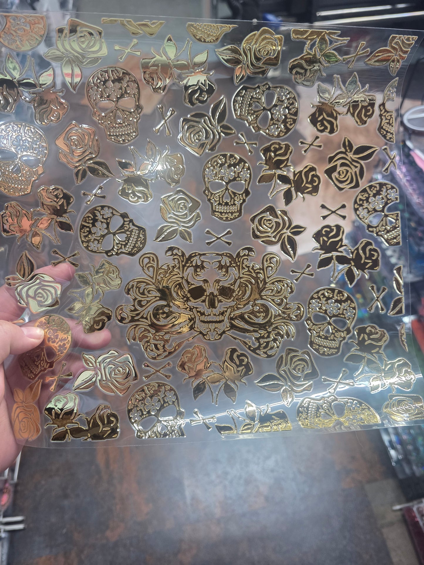 UVDTF Champagne Metallic Gothic Skull Damask 11"x11"