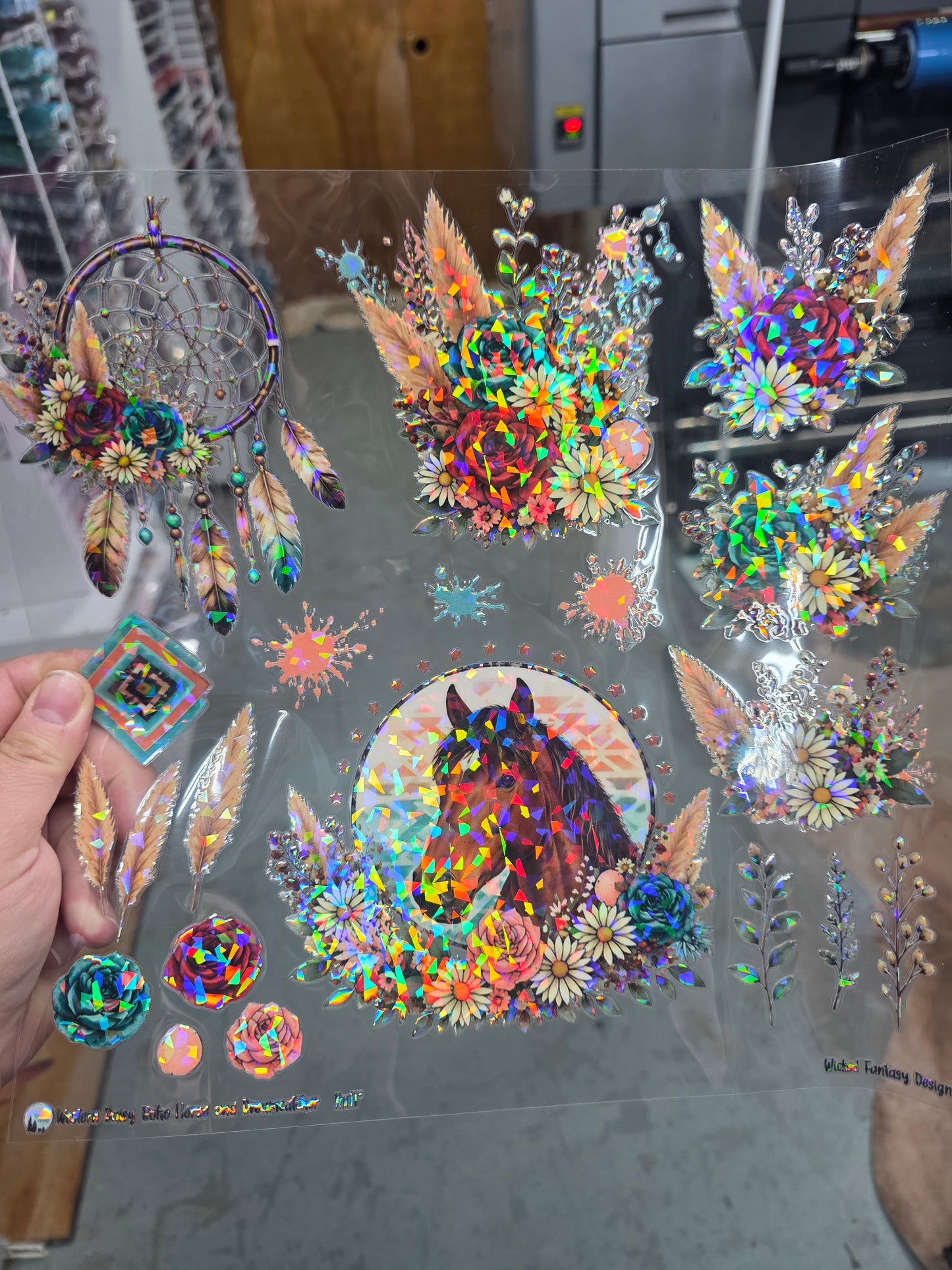 UVDTF Shattered Holographic Western Daisy Boho Horse and Dreamcatcher 11"x11"