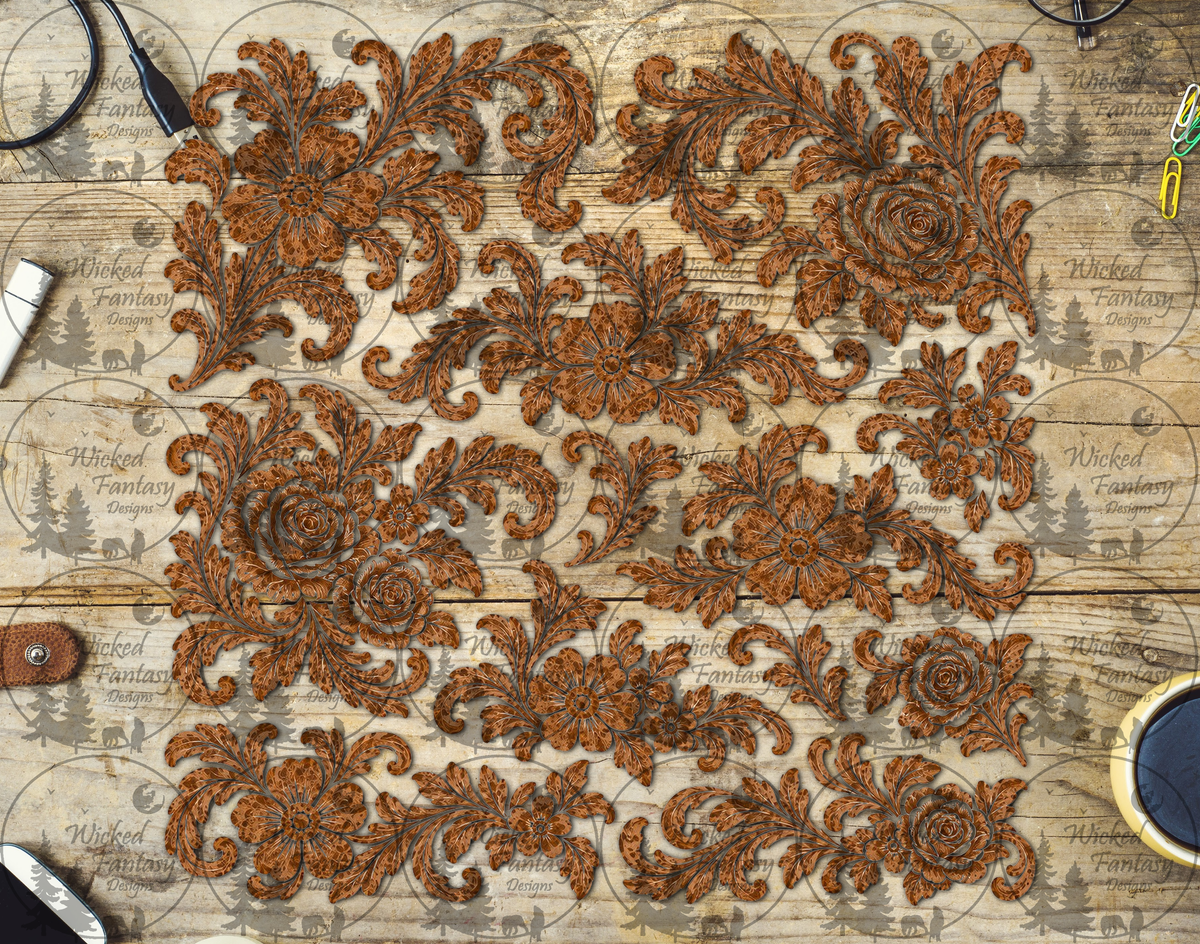 Brown Floral Leather-Look Filigree UV DTF multimedia element sheet listing mockup