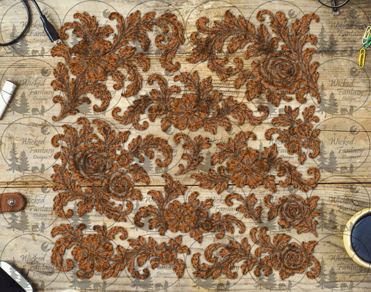 Brown Floral Leather-Look Filigree UV DTF multimedia element sheet listing mockup