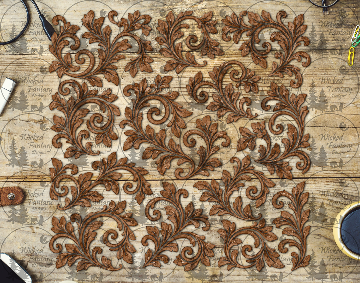 Open Brown Acanthus Flourishes UV DTF multimedia element sheet listing mockup