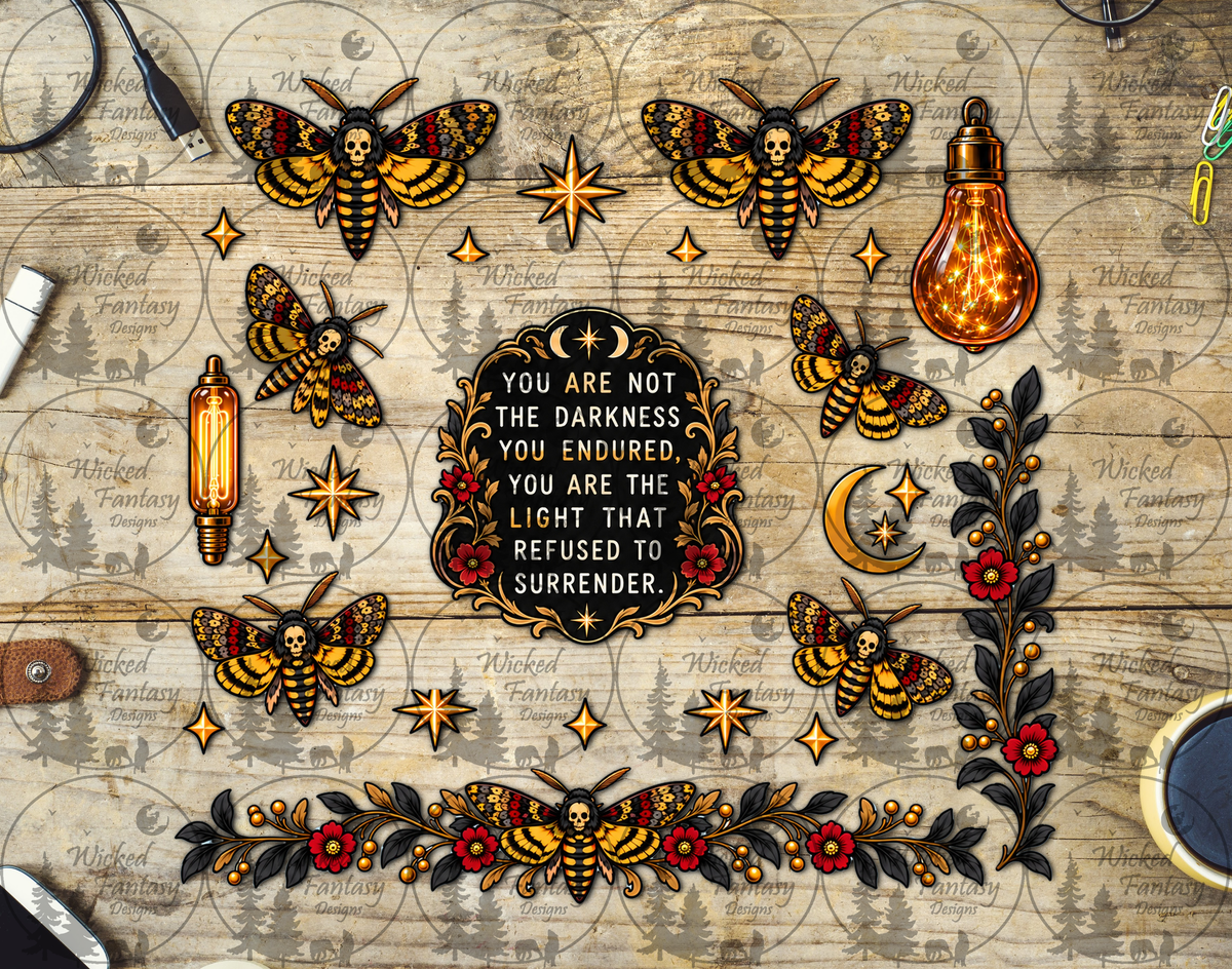 Darkness to Light Moths and Florals UV DTF multimedia element sheet listing mockup