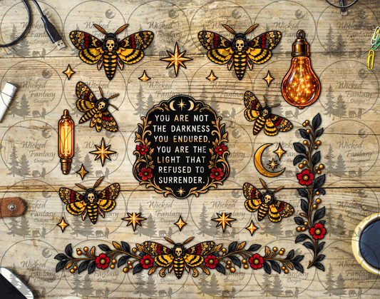Darkness to Light Moths and Florals UV DTF multimedia element sheet listing mockup