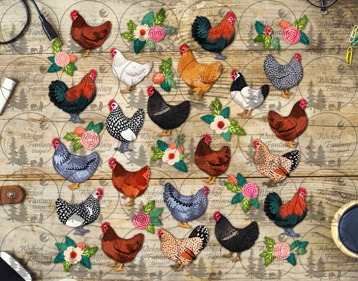 Rustic Chickens and Roses UV DTF tumbler wrap listing mockup