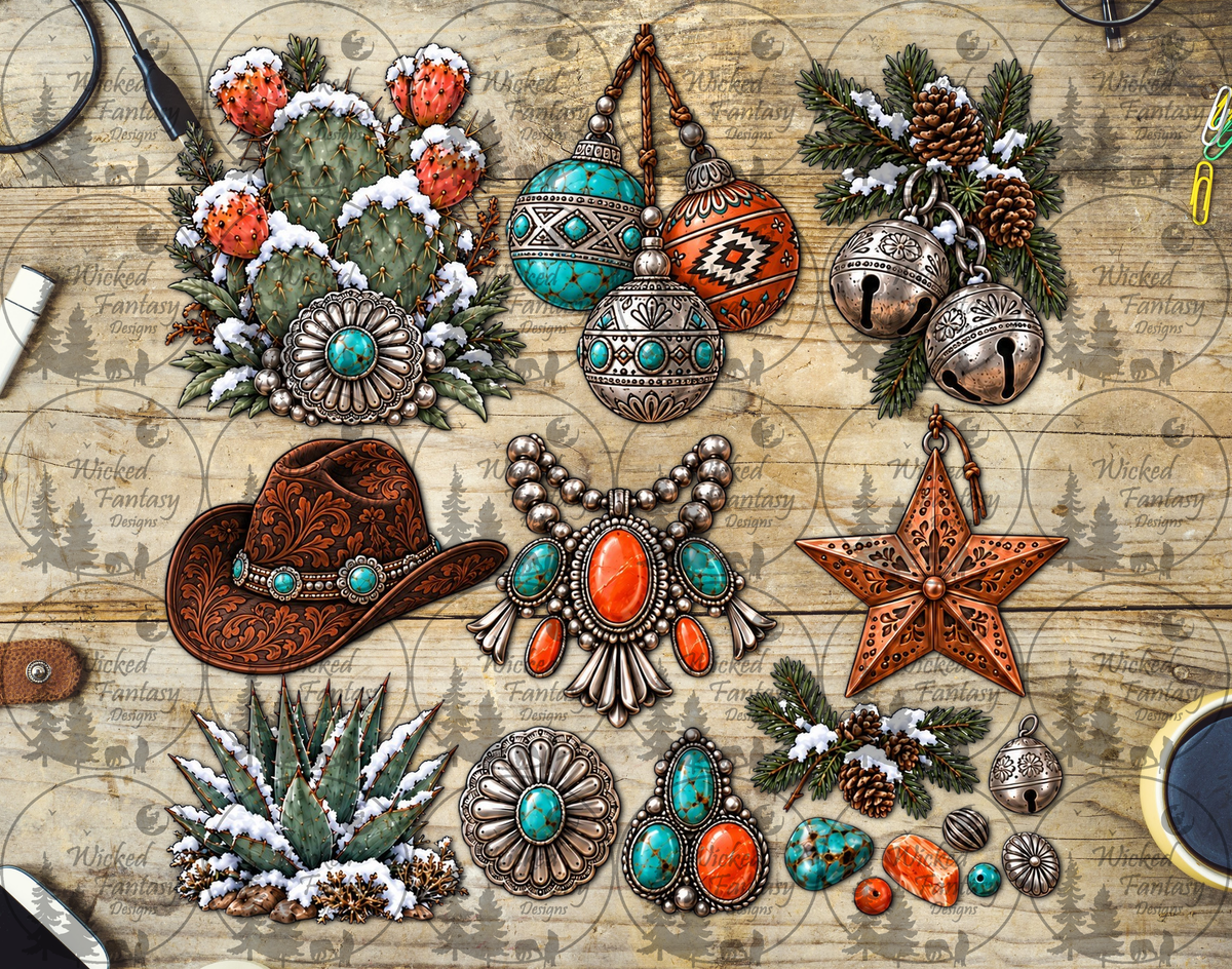 Southwestern Christmas Turquoise Accents UV DTF multimedia element sheet listing mockup