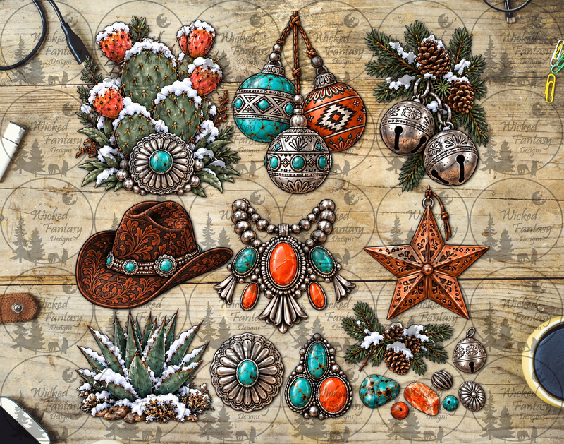 Southwestern Christmas Turquoise Accents UV DTF multimedia element sheet listing mockup