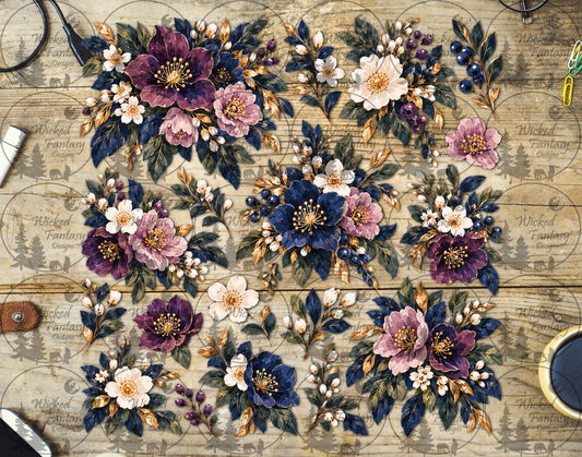 Celestial Violet and Cream Florals UV DTF multimedia element sheet listing mockup