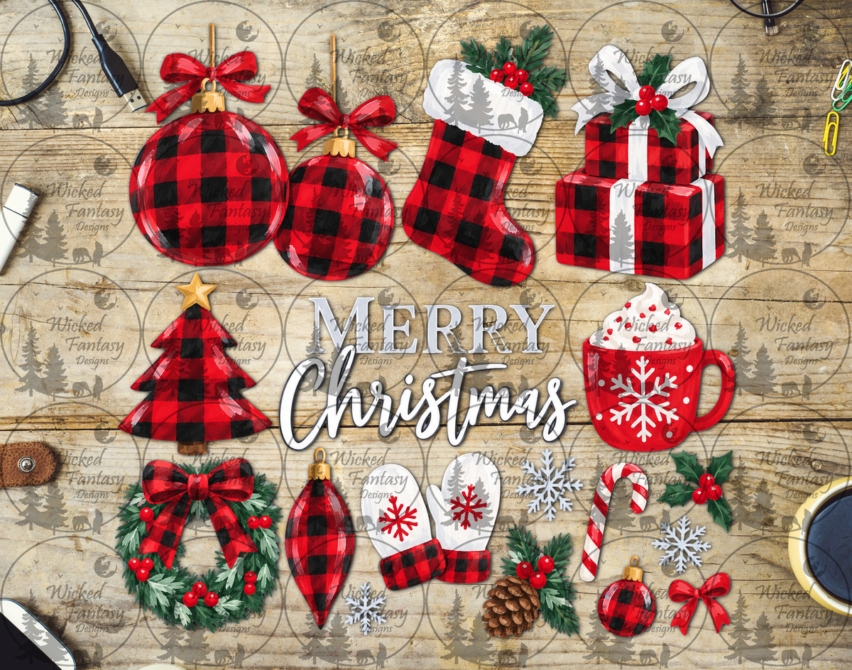 Red Plaid Christmas Collection UV DTF multimedia element sheet listing mockup