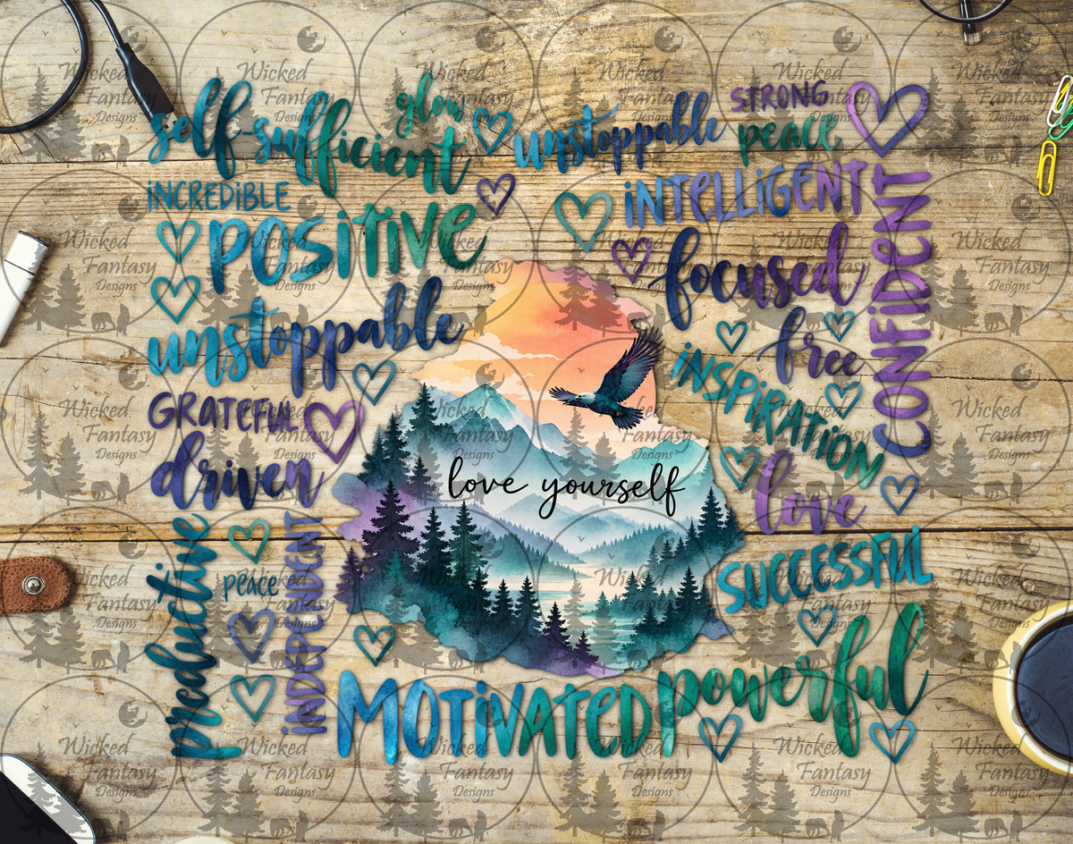 Love Yourself Mountain Affirmations UV DTF tumbler wrap listing mockup