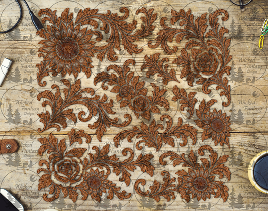 Roses and Sunflowers Leather-Look Scrollwork UV DTF multimedia element sheet listing mockup