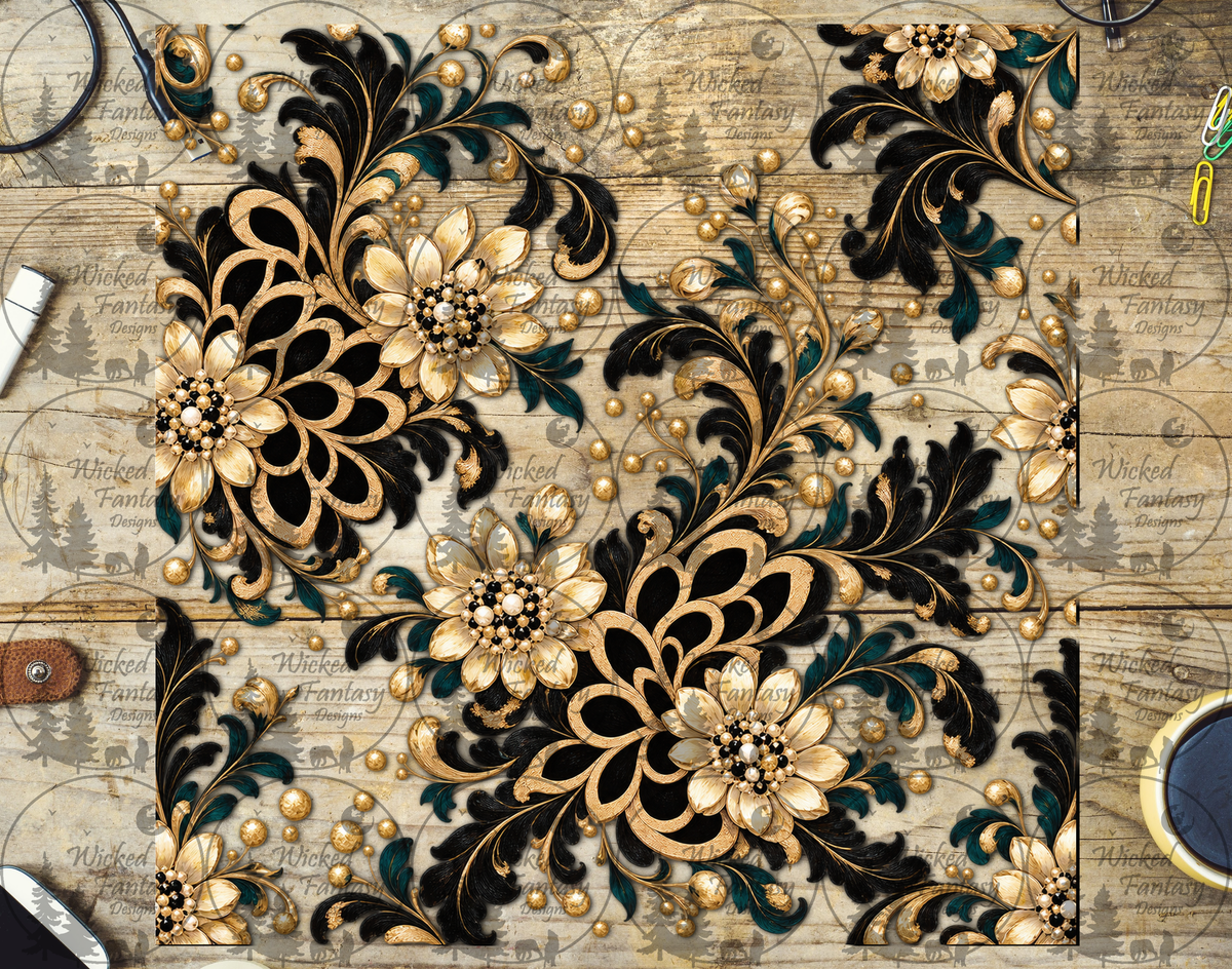Champagne Gold-Tone Floral Damask UV DTF tumbler wrap listing mockup