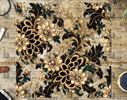 Champagne Gold-Tone Floral Damask UV DTF tumbler wrap listing mockup