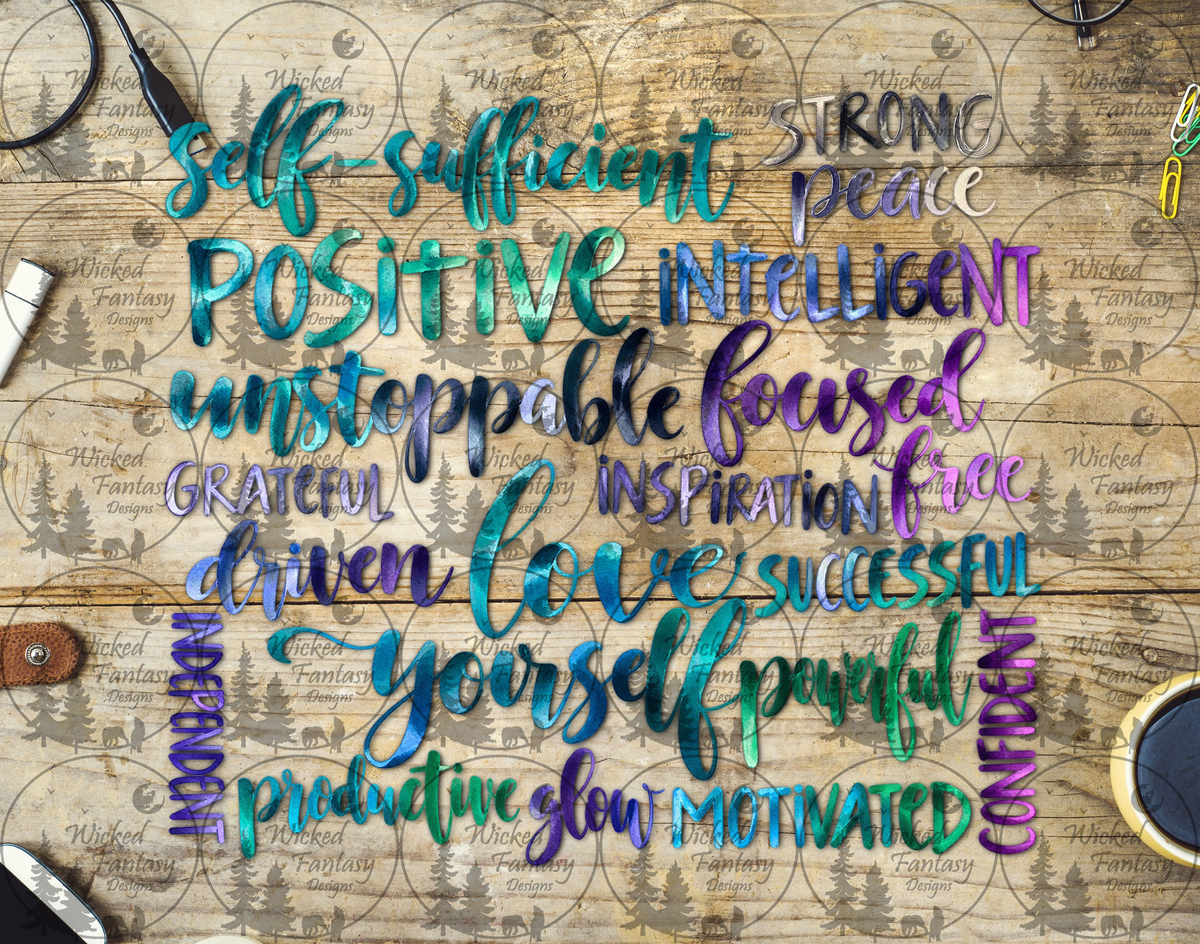 Teal and Purple Watercolor Affirmations UV DTF tumbler wrap listing mockup