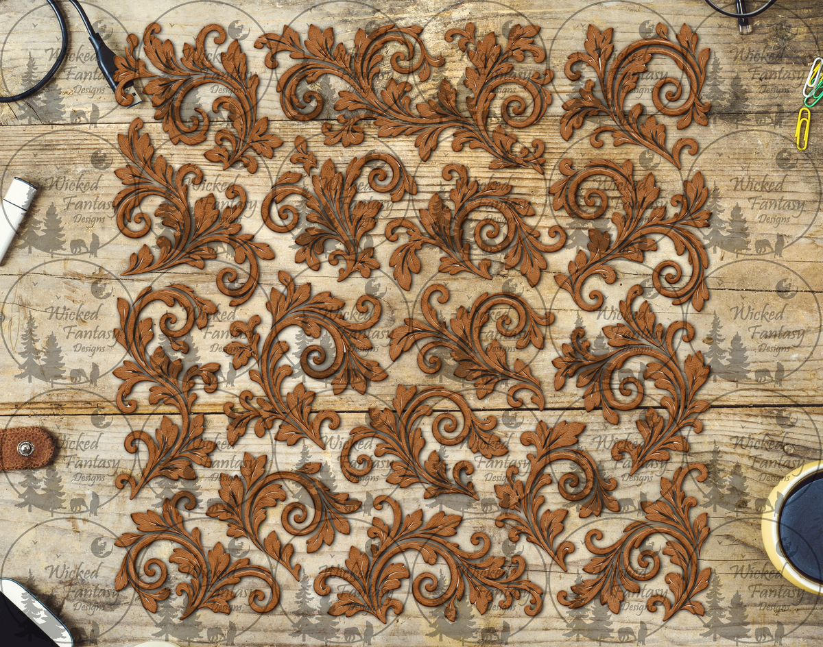 Complete Brown Acanthus Scrolls UV DTF multimedia element sheet listing mockup