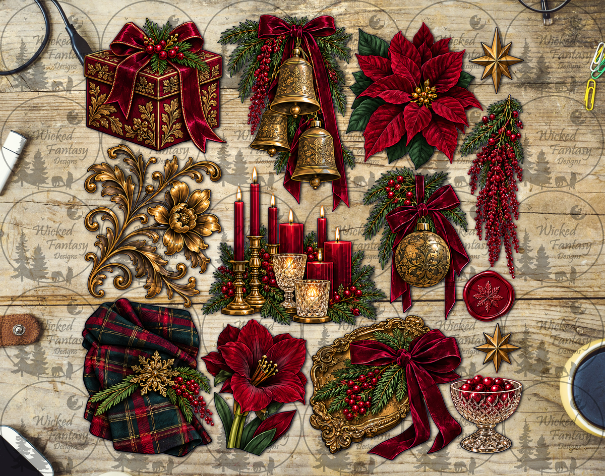 Burgundy Christmas Ornaments UV DTF multimedia element sheet listing mockup