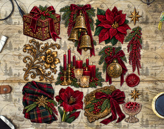 Burgundy Christmas Ornaments UV DTF multimedia element sheet listing mockup