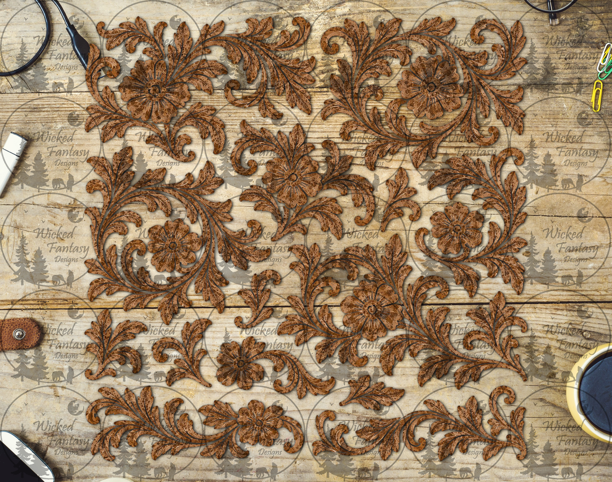 Sheridan-Style Floral Scrollwork UV DTF multimedia element sheet listing mockup
