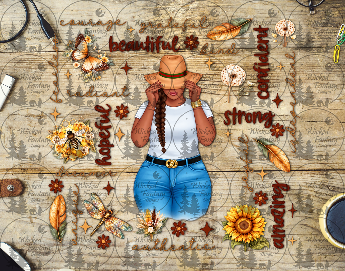 Autumn Cowgirl Affirmations UV DTF tumbler wrap listing mockup