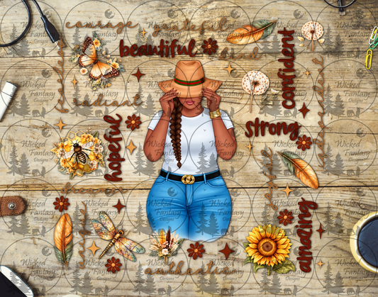 Autumn Cowgirl Affirmations UV DTF tumbler wrap listing mockup