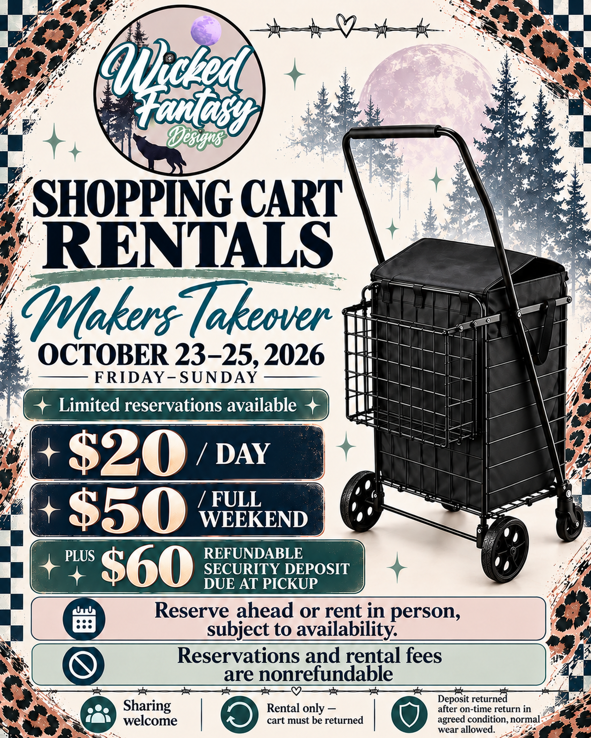 Shopping cart rentals at Makers Takeover, October 23–25, 2026: $50 weekend reservation, $60 refundable deposit due at pickup; in-person rentals $20 per day, subject to availability.
