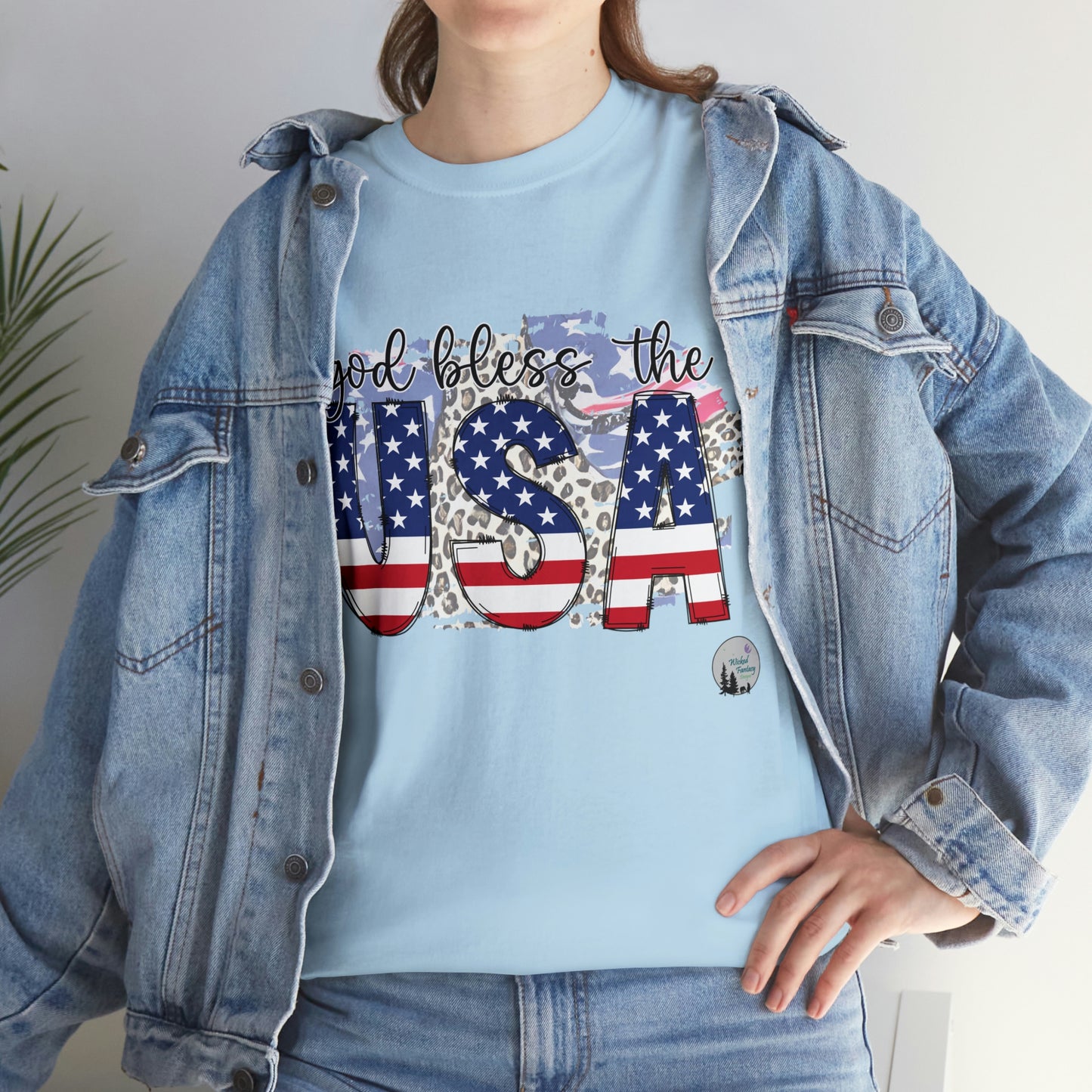 God Bless the USA Leopard American Flag Patriotic Heavy Cotton Tee