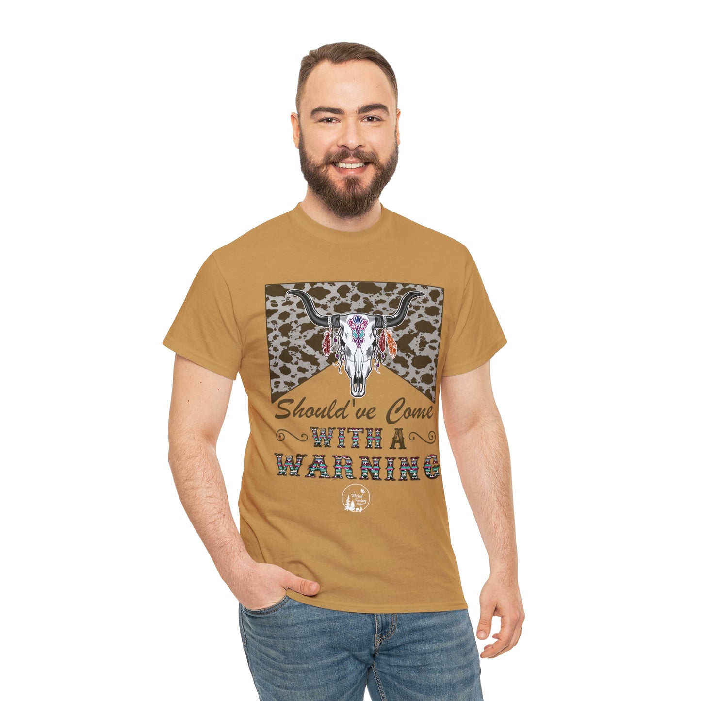 Should Have Come With A Warning Cow Hide Leopard Serape Western Boho Heavy Cotton Tee