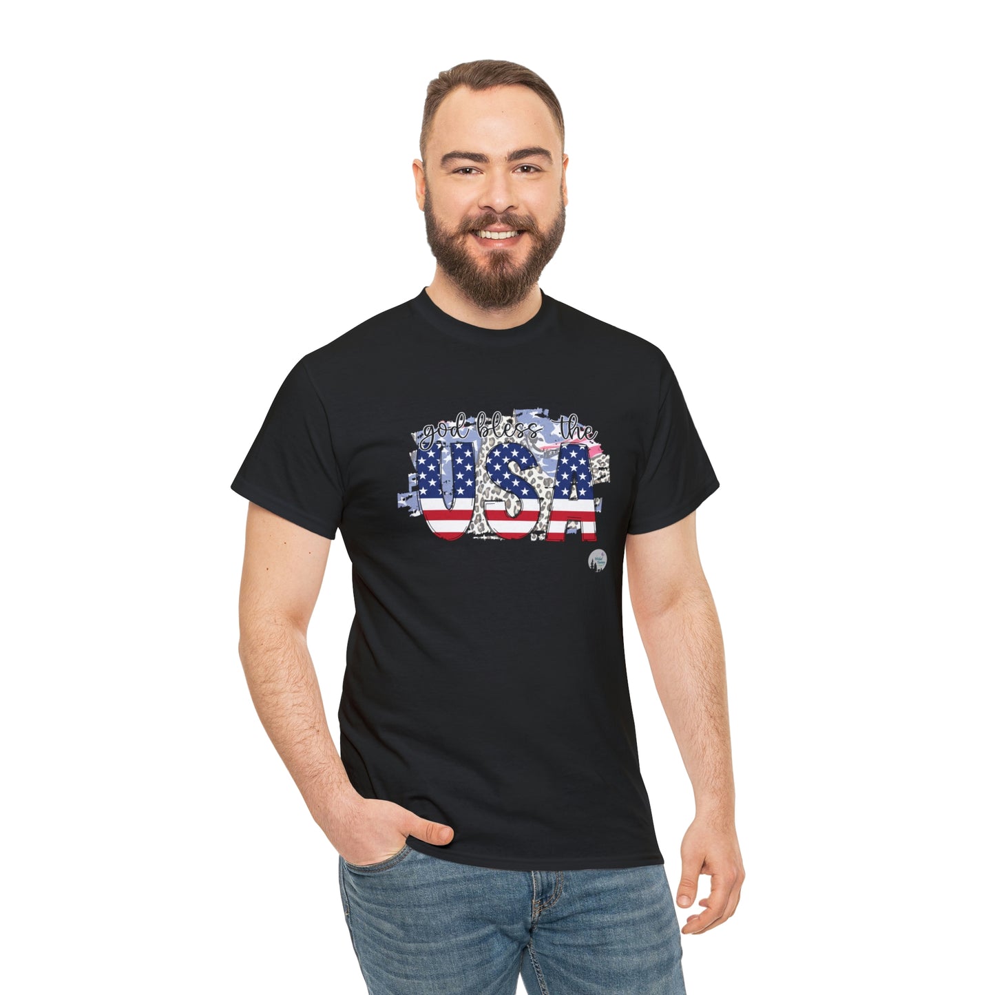 God Bless the USA Leopard American Flag Patriotic Heavy Cotton Tee