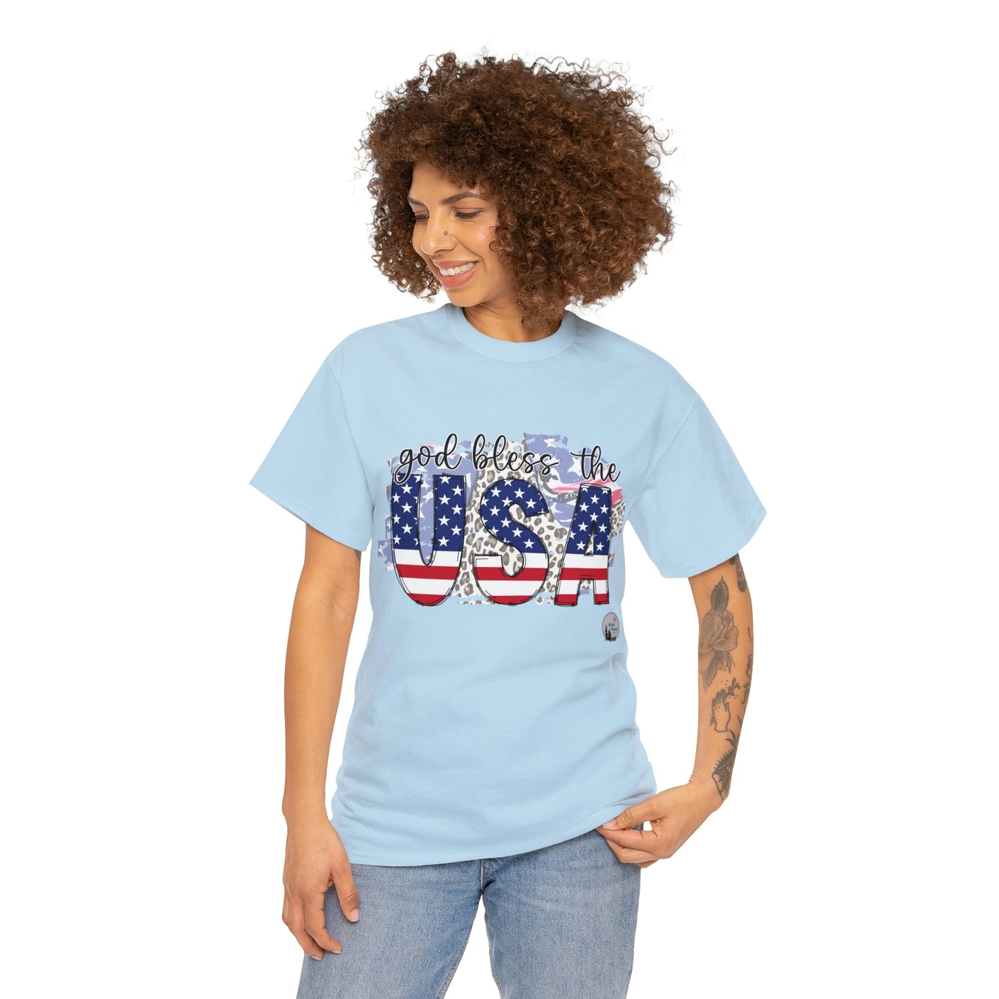 God Bless the USA Leopard American Flag Patriotic Heavy Cotton Tee