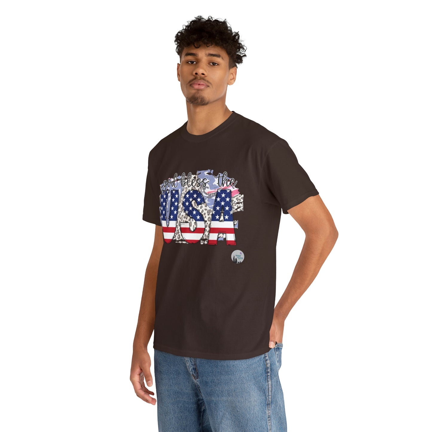 God Bless the USA Leopard American Flag Patriotic Heavy Cotton Tee