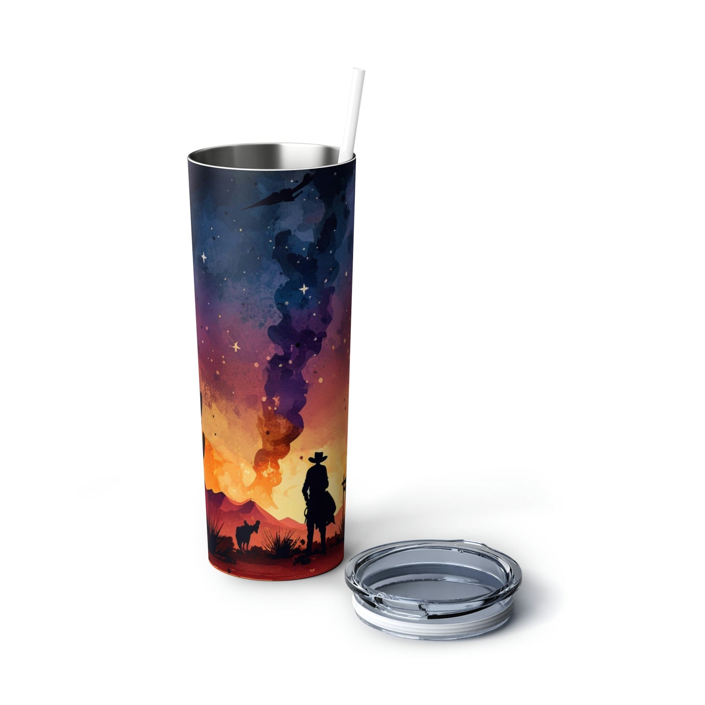 Wild West Sunset Southwest Cowboy Steel Tumbler with Straw, 20oz