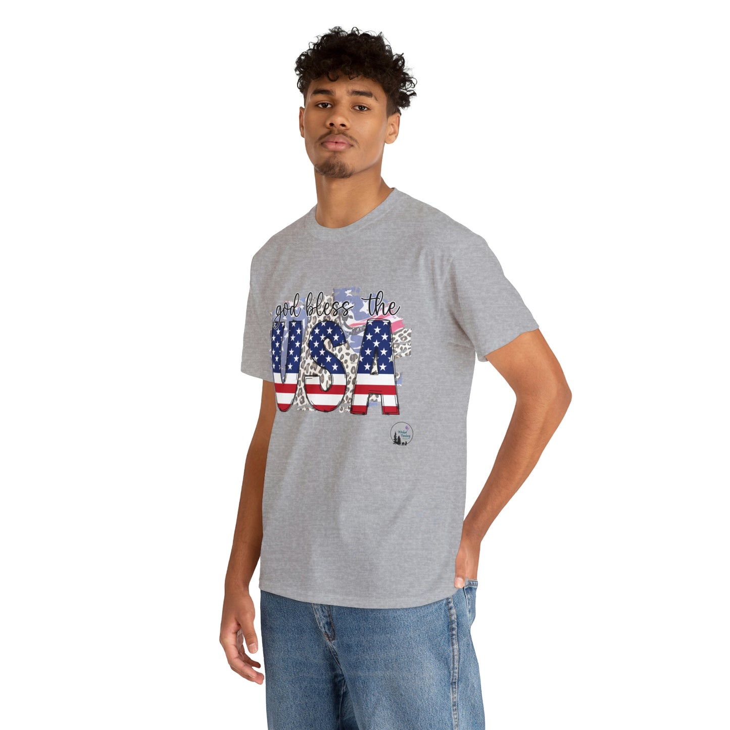 God Bless the USA Leopard American Flag Patriotic Heavy Cotton Tee