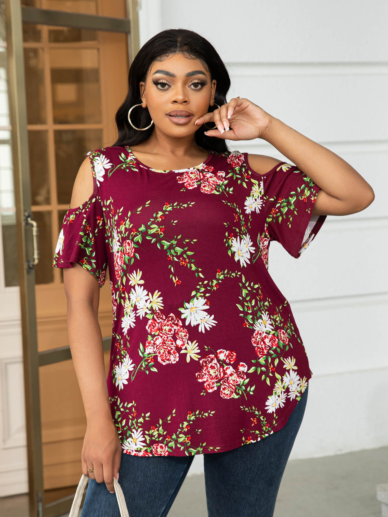 Plus Size Cold-Shoulder Round Neck Curved Hem Tee