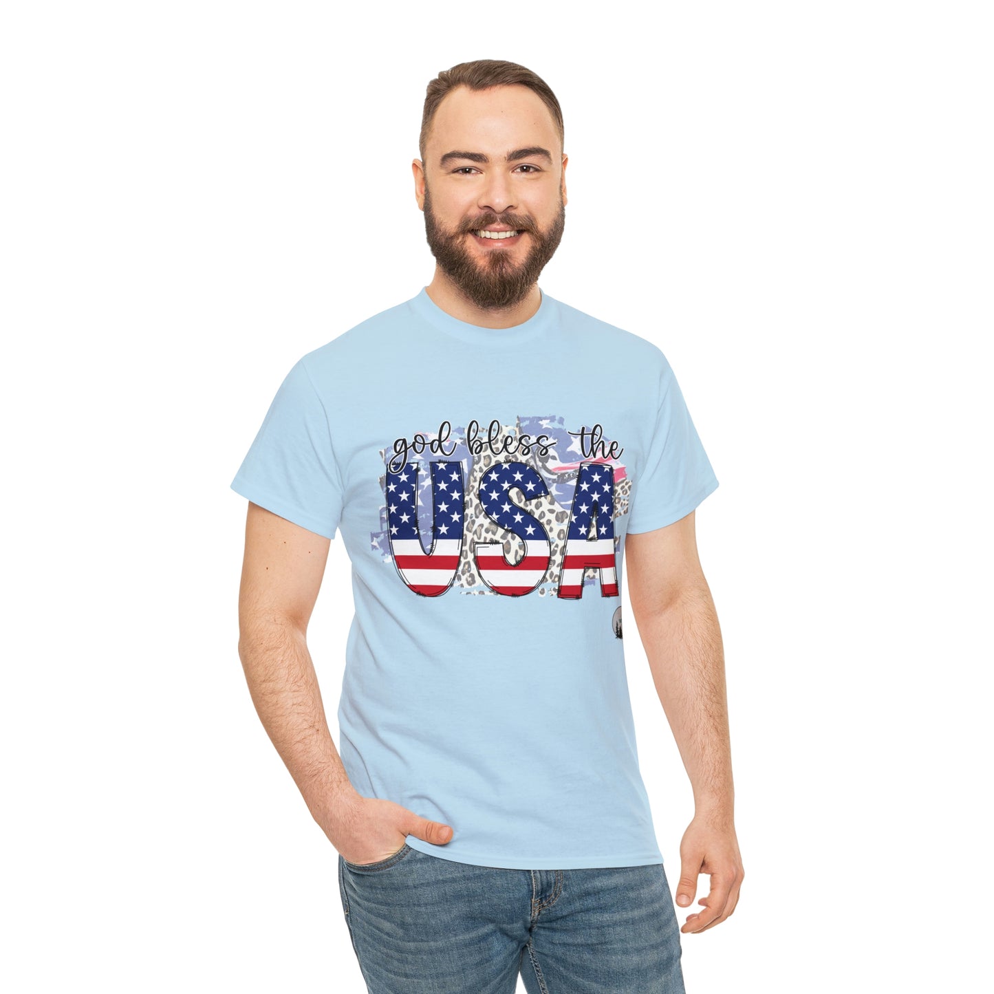 God Bless the USA Leopard American Flag Patriotic Heavy Cotton Tee